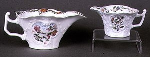 Worcester shaped oval sauce boat and creamer, enamel polychrome decoration, c.1750-55 by English School